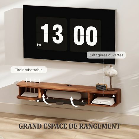 Meuble TV Suspendu, Meuble Télé pour Téléviseur jusqu'à 50 Pouces, Tiroir Rabattable, 2 Étagères, 120x24x16cm, Noyer (1/5)