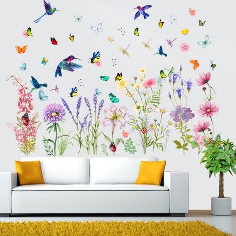 Stickers Muraux Fleur de Jardin Rose Autocollants Muraux Mural Stickers Floraless Coquelicots Papillon pour Chambre Salon Bureau (1/5)