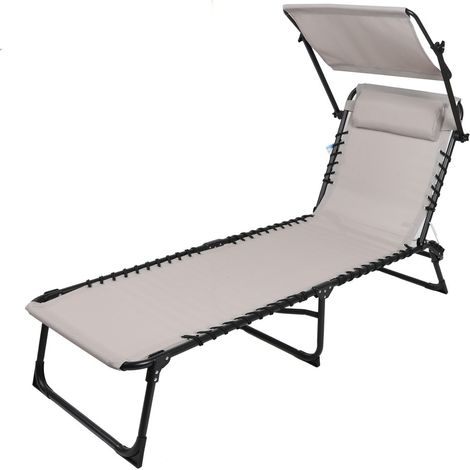 Set aus 2 Sonnenliegen mit Sonnenschirm-Tisch und Kissen – 187x56x85 cm – Schwarzes Metall – Taupe Stoff