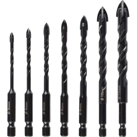 7pcs Forets À Béton, Mèches Noir Avec 4 Taillants Dur, Outil De Forage De Trou Multifonction Pour Pierre Carrelage Mur De Brique Verre Bois Maçonnerie Céramique Granit (3/4/5/6/8/10/12 Mm) (1/5)