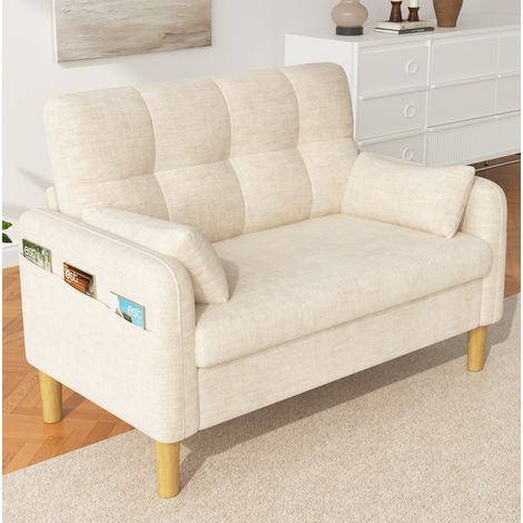 Canapé 2 plazas 119x78x85 cm en tela chenille beige con 2 cojines, para salón pequeño – MEUBLIV (1/5)