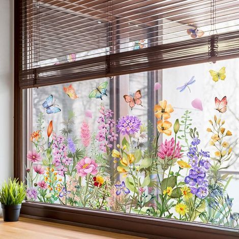 Bunter Blumenstrauß-Fensteraufkleber, wiederverwendbarer doppelseitiger Aufkleber für Gartenfenster, Haus- und Bürodekoration (1/5)