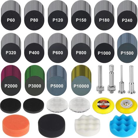 Kit de polissage 174 pièces pour perceuses sans fil, disques de ponçage de 75 mm, fixation auto-agrippante, grain 60-10000, papier abrasif utilisable à sec ou à l'eau, disques de polissage pour phares (1/5)