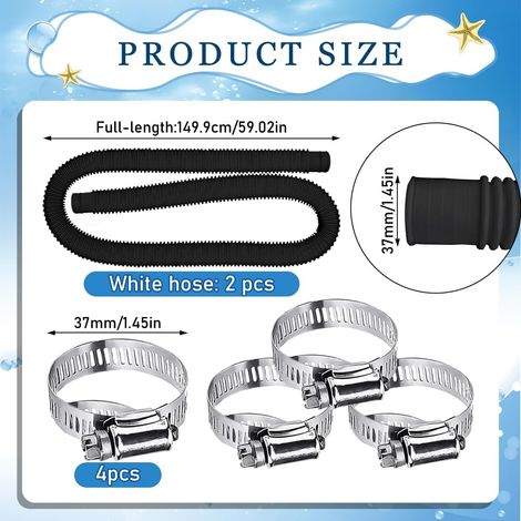 Set di 2 tubi per piscina da 32 mm, con 4 fascette metalliche, adatti per piscine interrate, vasche idromassaggio e pompe per piscine (neri). (1/5)