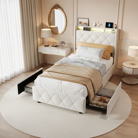 Design-Bett mit LED 90x200 cm mit Ladeanschluss, Leinenbezug, 2 Stauraumfächer, modernes Doppelbett für Jugendzimmer - Beige
