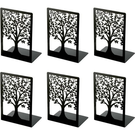 Lot de 6 serre-livres en métal - Noir - Avec motif de forme d'arbre de vie - Pour bureau, école, maison, bibliothèque - 18 x 12 x 8 cm (1/4)