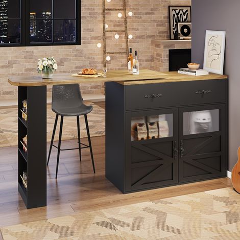 Mesa de bar 138-204 x 39 x 104 cm - Isla de cocina giratoria 360°, extensible, con puertas acrílicas y cajón - Negro (1/5)