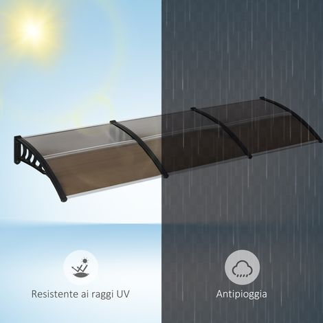 Auvent extérieur en polycarbonate et aluminium marron, 303x100x26cm, pour fenêtres et portes.