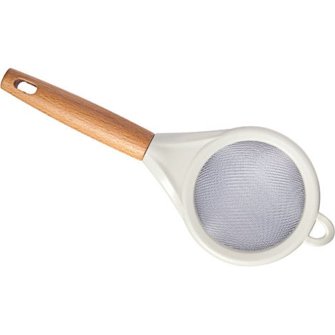 Passoire à pâtisserie avec manche en bois, tamis à sucre en acier inoxydable, tamis à farine, cuillère passoire à jus/lait de soja. (1/5)