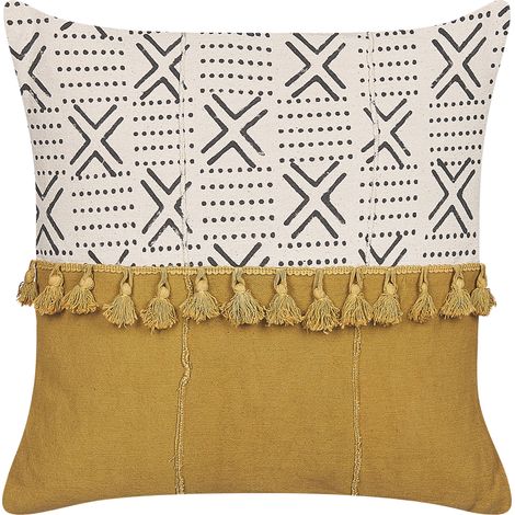 Cojín de algodón amarillo mostaza blanco crema negro 45 x 45 cm geométrico Woodi