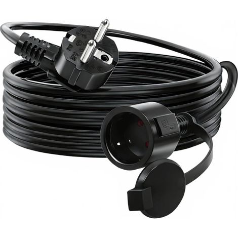 Rallonge avec Câble d'Contact de Protection, 250V/16A Schuko Câble d'alimentation Fiche de Contact de Protection Type F (CEE 7/7) Coudé à 90° par Rapport à la Prise (CEE 7/7)- Noir (2M) (1/5)