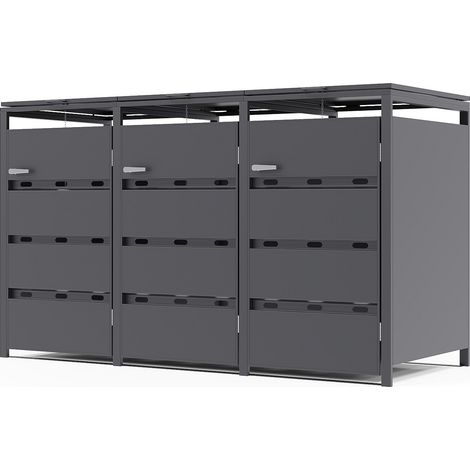 Cestino per rifiuti in acciaio zincato grigio antracite - 0,6 mm - 3 bidoni da 240L - L200 x P80 x H116 cm - LOKAFA