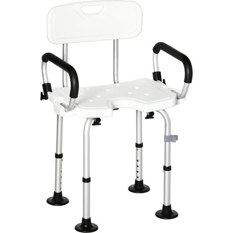 Shower Chair for the Elderly and Disabled, Height Adjustable Shower Stool with Back and Flipped Padded Arms, Suction Foot Pads, White