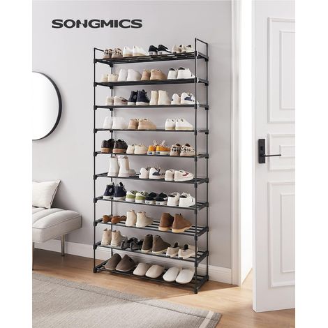 SONGMICS - Estante para zapatos de 10 niveles, soporte para zapatos alto, para zapatos finos, almacenamiento de zapatos, metal, ahorro de espacio, vestidor, entrada, 30 x 94 x 206 cm, negro (1/5)