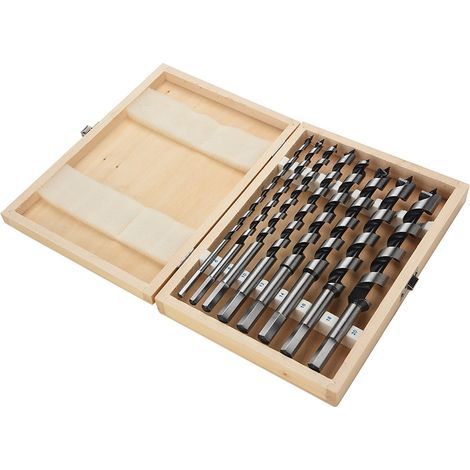Coffret de 8 mèches à tarière en acier au carbone, queue hexagonale usinée, coffret en bois.
