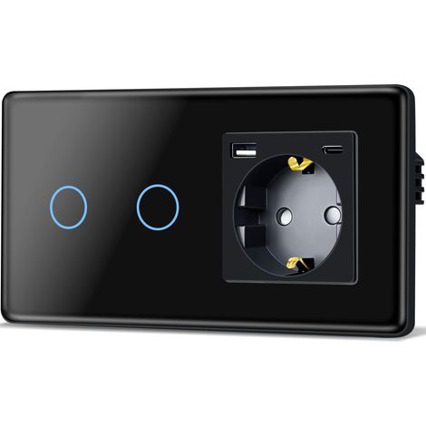 Interrupteur tactile avec prise (maximum 20 W) USB et type C, prise standard UE, 2 compartiments, 1 voie, encastré, avec plaque en verre incurvé 2,5D, 86 x 157 mm, noir (1/5)