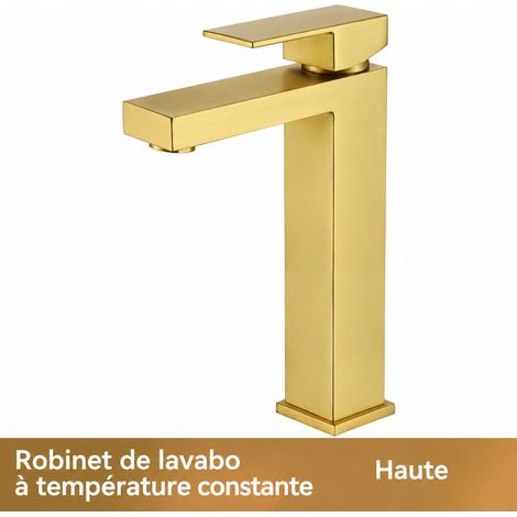 Mitigeur Lavabo Carré Acier Inoxydable or brossé modèle haut avec 1/2 tuyaux d'arrivée d'eau de 60 cm Eau Chaude et Froide 800 g – Livraison gratuite