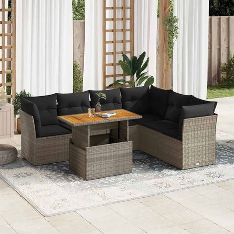 Salon de jardin 7 pièces en résine tressée gris avec coussins et table relevable, 68.4kg - PANGIVO (1/5)