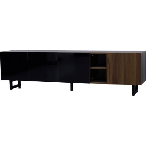 Mueble TV con 4 Puertas sin Tiradores y Nichos, Frentes Negro Brillo, Estilo Moderno, en MDF, 180×38×50 cm, Negro/Natural (1/5)