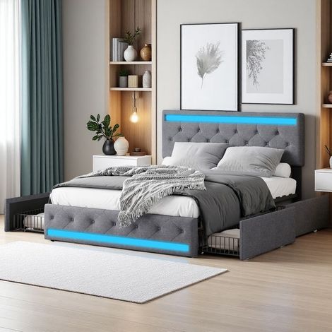 Cama lit doble 140x190cm - LED RGB 6000C - 4 cajones metálicos - Lino transpirable Gris oscuro