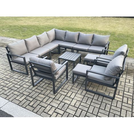 Fimous Aluminium Outdoor Garden Furniture Set Lounge Corner Sofa 3 Pcs Chair Square Coffee Table Sets with 2 Small Footstools Dark Grey (1/5)