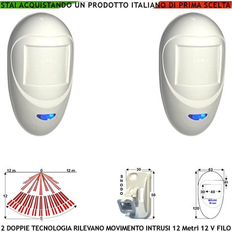 Sensore di Movimento 2 Doppia Tecnologia Grandangolo Antifurto Portata 12 MT da Interno Rileva Intruso Aliment. 12 V Assorb. 40 mA Infrarosso Lente 18 Fasci su 4 Piani ERS Contenitore Bianco Snodo ABS (1/4)