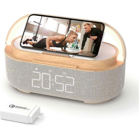 Réveil avec haut-parleur Bluetooth, chargement sans fil, radio FM, veilleuse LED réglable, enceinte portable 6 en 1 pour la chambre, batterie 2500 mAh, alimentation secteur pour téléphones portables. (1/5)