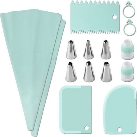 Poches à douille - Poche à douille en silicone - 6 douilles - 3 raclettes - Accessoires de pâtisserie - Outils de décoration de gâteaux - Kit de 15 pièces - Vert (1/5)