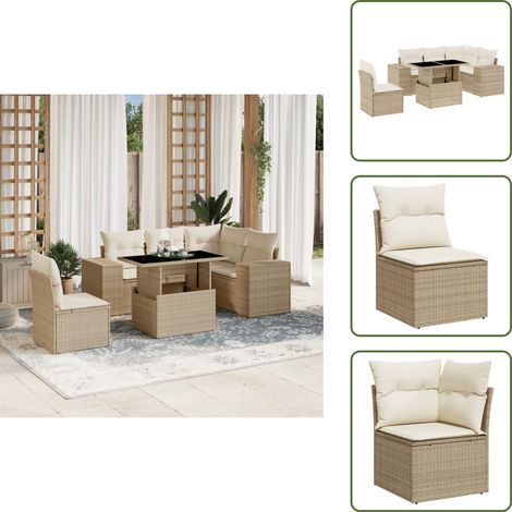 6-tlg. Garten-Sofagarnitur mit Kissen Beige Poly Rattan - Gartenmöbel Set - Esszimmergarnitur - Outdoor Möbel - Lounge Garnitur - Rattan Gartenmöbel (1/5)