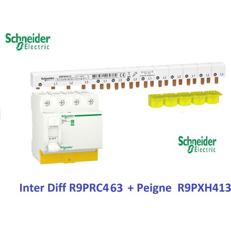 Schneider – Interrupteur différentiel 4P 63A 30mA – Type AC – Alimentation par le bas – Peigne horizontal 3P+N 63A – 13 modules