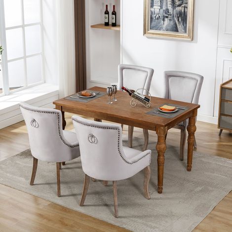 Lot de 4 chaises de salle à manger en velours, fauteuil capitonné avec clous décoratifs, pieds en bois massif, gris (1/5)