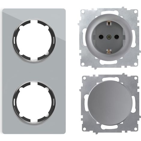 Plaque de finition 2 postes Garda, vertical + 1 Interrupteur simple allumage + 1 Prise avec terre - gris