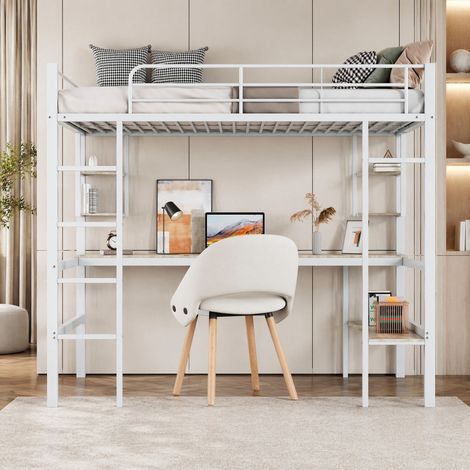Lit mezzanine avec bureau et étagères 90 x 200 cm, métal et MDF blanc, REDOM (1/5)