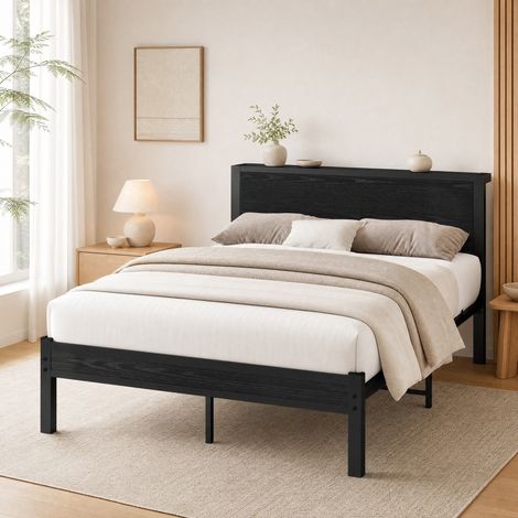 Letto a piattaforma 140 x 200 cm con testiera contenitore, MDF e metallo, nero HAVRYA (1/5)