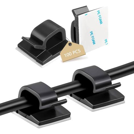 Lot de 100 Grands Clips de Câble Adhésifs, Noir Organisateur de fils, Agrafes solides pour mur, bureau, Pour guirlandes lumineuses de Noël, TV, PC, Ethernet (1/5)