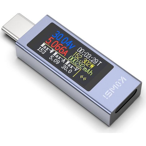Testeur USB C Meter de Courant et de Tension 4-30V 0-12A, Multimètre Numérique LCD USB Compteur Voltmètre Ampèremètre Capacité Alimentation Chargeur Détecteur (Testeur USB C) (1/5)
