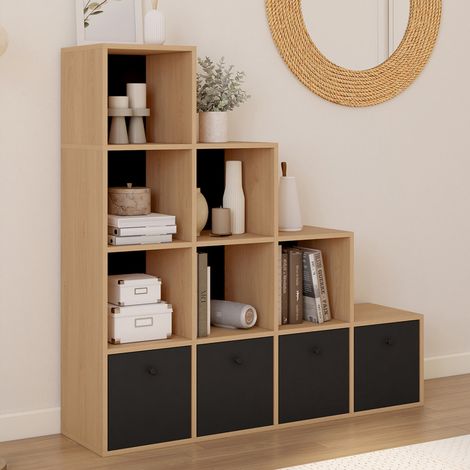Mueble de almacenaje escalonado LORYS de 4 niveles de madera y negro con 4 cajones de tela (1/5)
