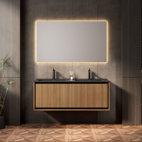 Meuble vasque mural 121 cm avec double vasque rectangulaire en résine noire, 2 tiroirs, chêne brun (1/5)