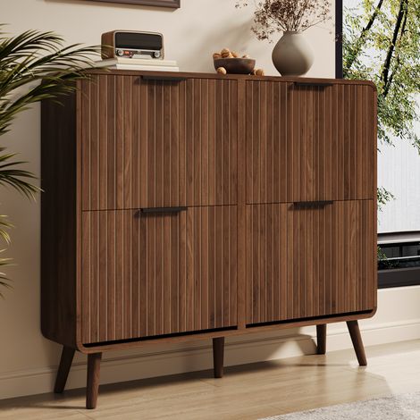 Schuhschrank mit 4 Klapptüren, Doppelte Schuhablage, Skandi Stil, aus MDF, 105×24×90 cm, Nussbaum