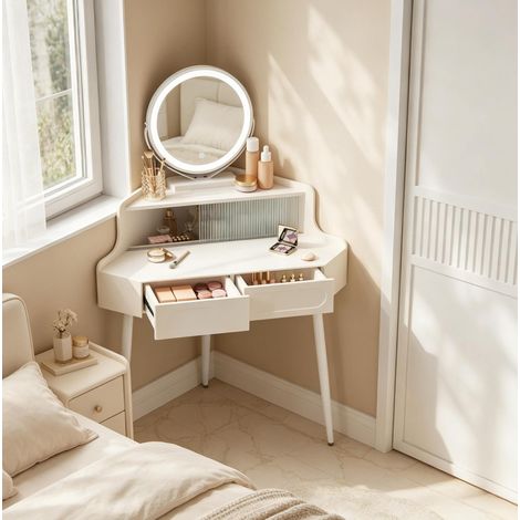 Toeletta angolare bianca con specchio rotondo LED, 2 cassetti, MDF E1, OKWISH (1/4)