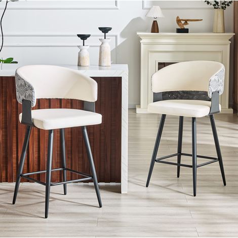Set aus 2 Barhockern mit Rückenlehne, ergonomischer PU Kunstleder Sitz, Metallgestell, Fußstütze, Weiß (1/5)