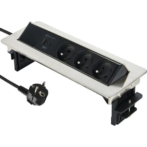 Electraline 35445 - Blocco multipresa retrattile, piano di lavoro con 3 16 A, standard francese + 2 3,1 A + 1 USB tipo C 15,5 W, presa da incasso per cucina, cavo 2 m, nero, orizzontale (1/4)