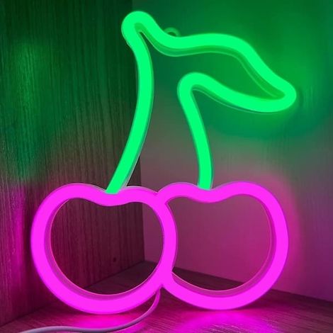 Lumières néon cerises roses et vertes, enseignes lumineuses néon cerises pour la décoration murale, enseignes LED fruits sucrés pour chambre d'enfant, restaurant, bar, magasin de fruits (vert + rose) (1/5)