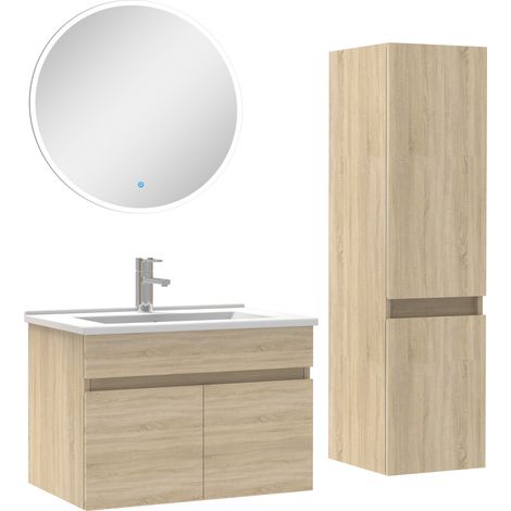 Ocean Ensemble Salle De Bain simple vasque avec colonne et miroir rond 60cm meuble Chêne Wotan (1/5)