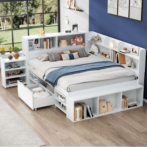 Lit enfant en contreplaqué blanc 140x190 cm avec rangements intégrés et sommier à lattes (1/5)