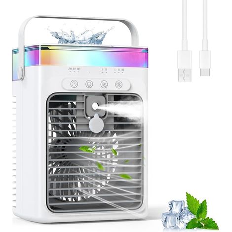 Climatiseur Portable, 3-en-1 Refroidisseur par Évaporation avec 3 Vitesses & 2 Modes Brumisation, 1000ml Mini Climatiseur, Ventilateur USB avec Lumière RGB & Minuterie pour Chambre Bureau Voiture (1/5)
