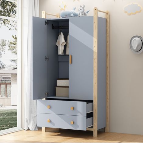 Armario de 2 puertas con barra y 2 cajones, 89,6 x 44 x 180,5 cm, azul y madera HAVRYA (1/5)