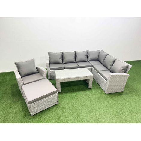 Fimous 8 Seater Garden Outdoor Rattan Furniture Set Rattan Corner Sofa Oblong Coffee Table with Big Footstools Light Grey Mixed (1/4)