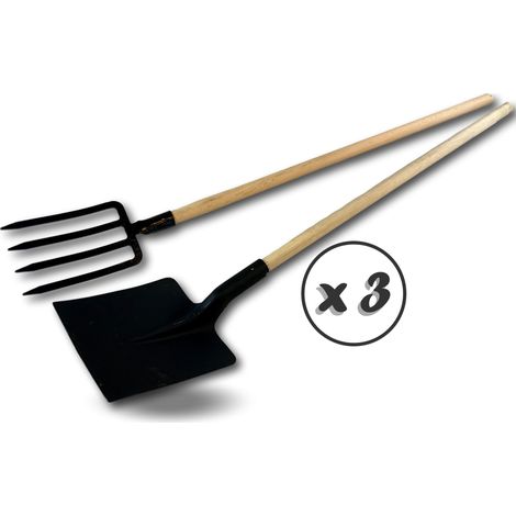 Kit fourche à bêche 4 dents larges + pelle carrée Manche bois Tête acier - Quantité x 3 - Pelle carrée + Fourche dents larges