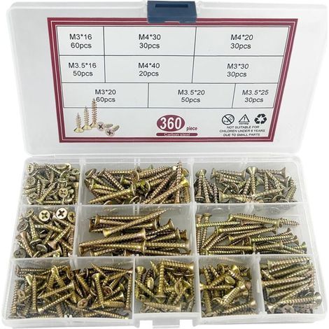 360 Pièces Vis à Bois Autotaraudeuses, Zingué Jaune Extra Fort, Vis Autoperceuses à Empreinte Cruciforme Pozidriv, Vis à Tête Plate Croisée, vis pour panneaux d'aggloméré,M3/M3.5/M4 (1/5)